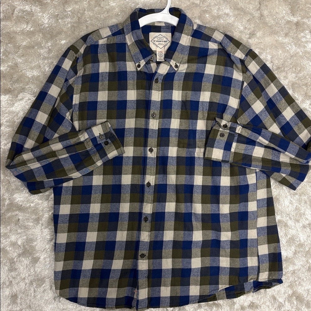 St. John’s Bay Men’s Cotton Button Up Flannel Shirt -Blue, Green, Khaki Plaid